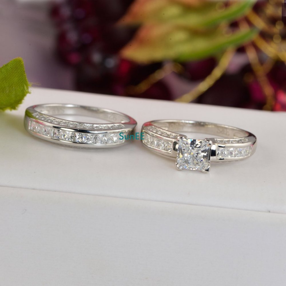 NEW 925 STERLING SILVER PRINCESS DIAMOND CUT WEDDING RINGS ENGAGEMENT RINGS - Picture 2 of 3